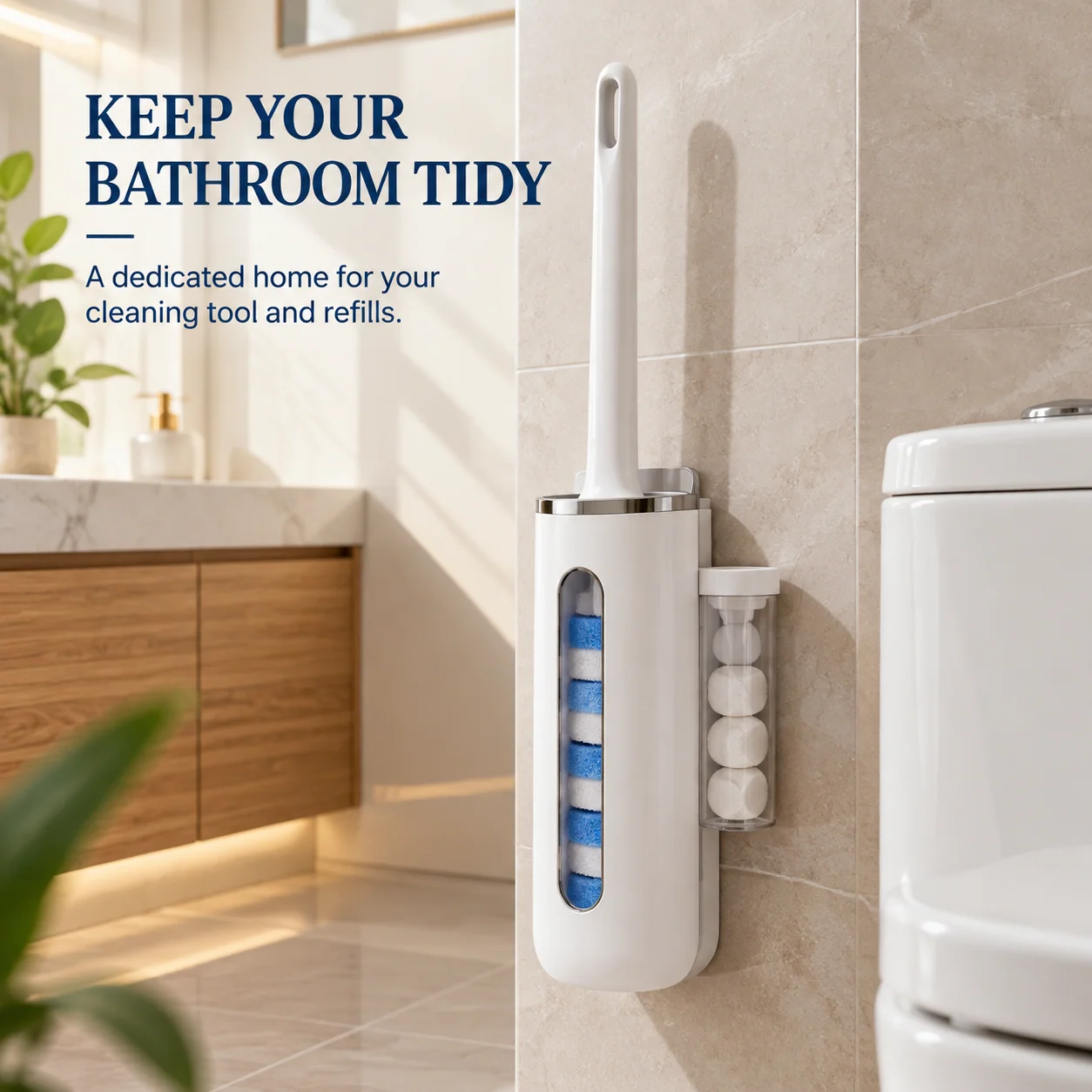 Original product lifestyle image showing the toilet brush and refill holder arranged neatly beside a toilet