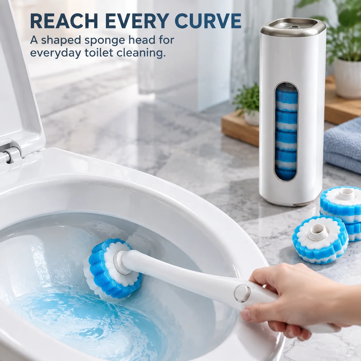 Original product demonstration showing the blue sponge cleaning head being used inside a toilet bowl