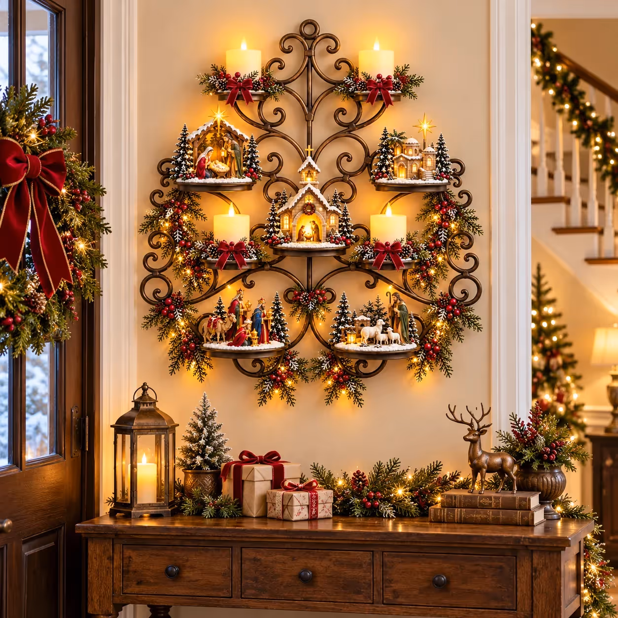 Detailed bronze-tone Nativity wall display with candle accents and Christmas greenery