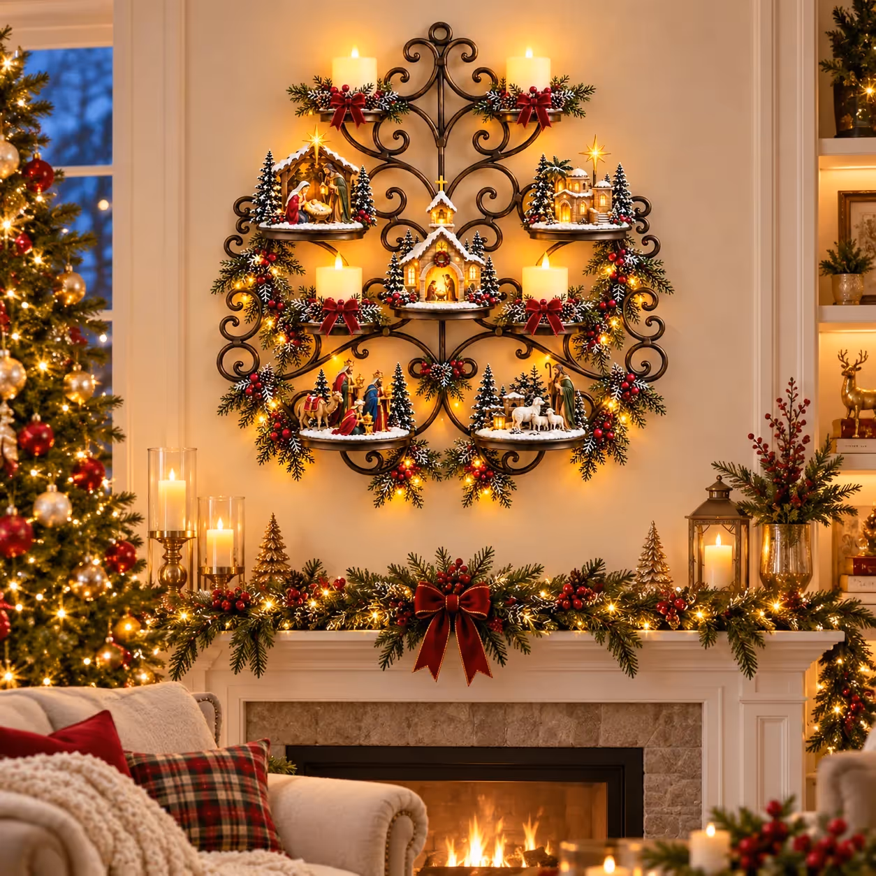 Nativity village wall decor styled above a Christmas fireplace