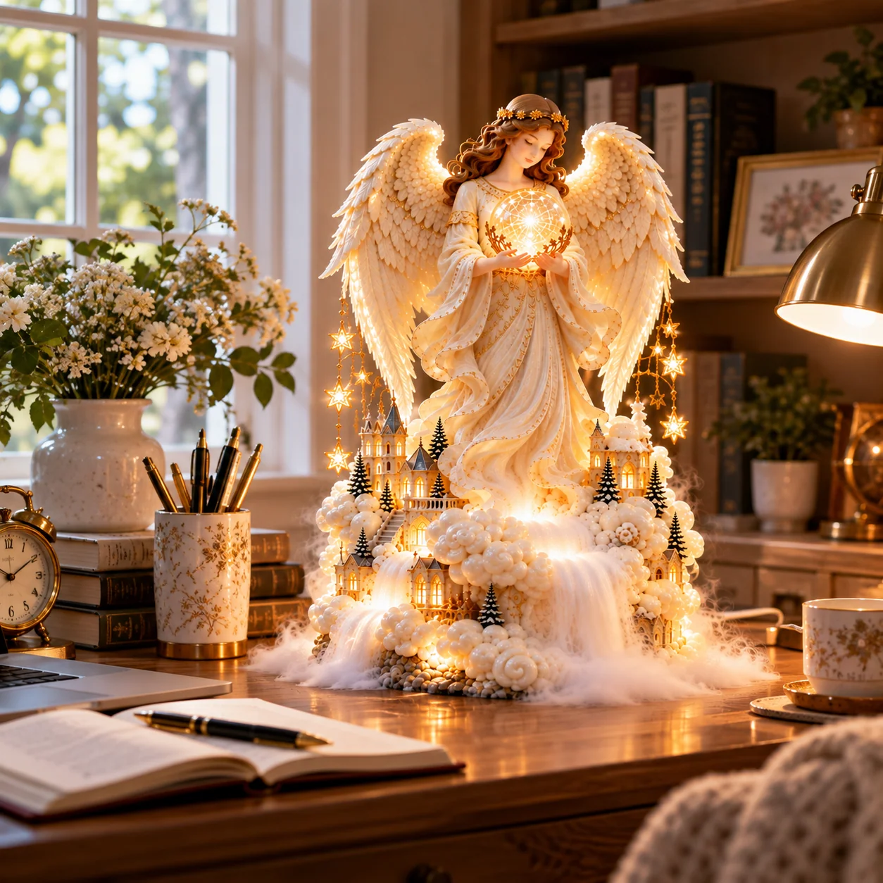 Guardian angel decorative light on a home office desk