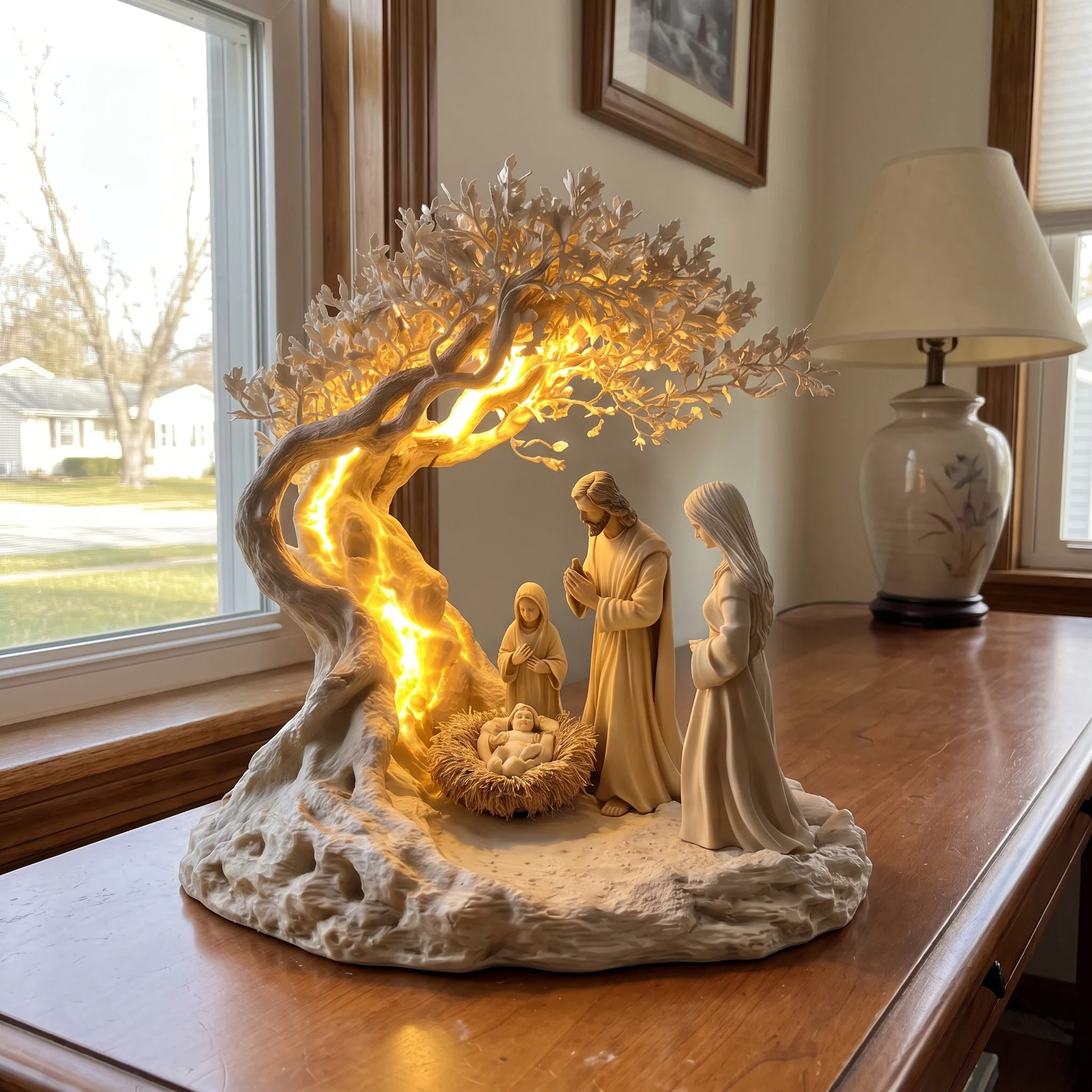 Glowing Nativity Tree of Light sculpture
