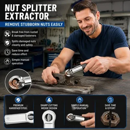 Nut splitter extractor removing a stubborn rusted nut in a workshop