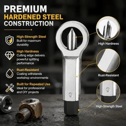 Nut splitter extractor with hardened steel construction and cutting wedge detail