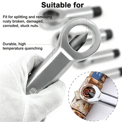 Nut splitter tool positioned around a corroded nut