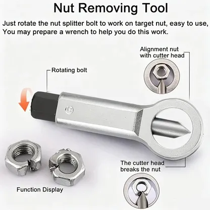 Nut removing tool showing its rotating bolt and cutting head with split nuts