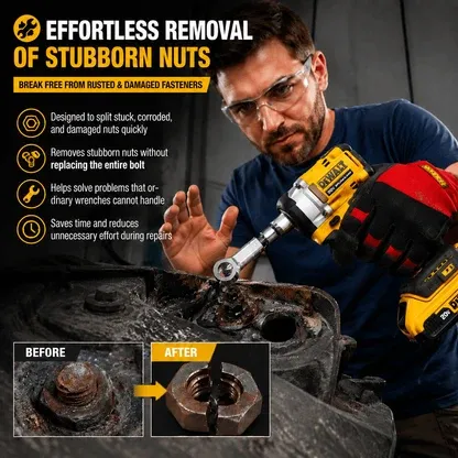 Mechanic using a nut splitter extractor on a severely rusted fastener