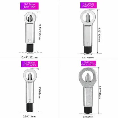 Four nut splitter extractor sizes with nut range and tool dimensions