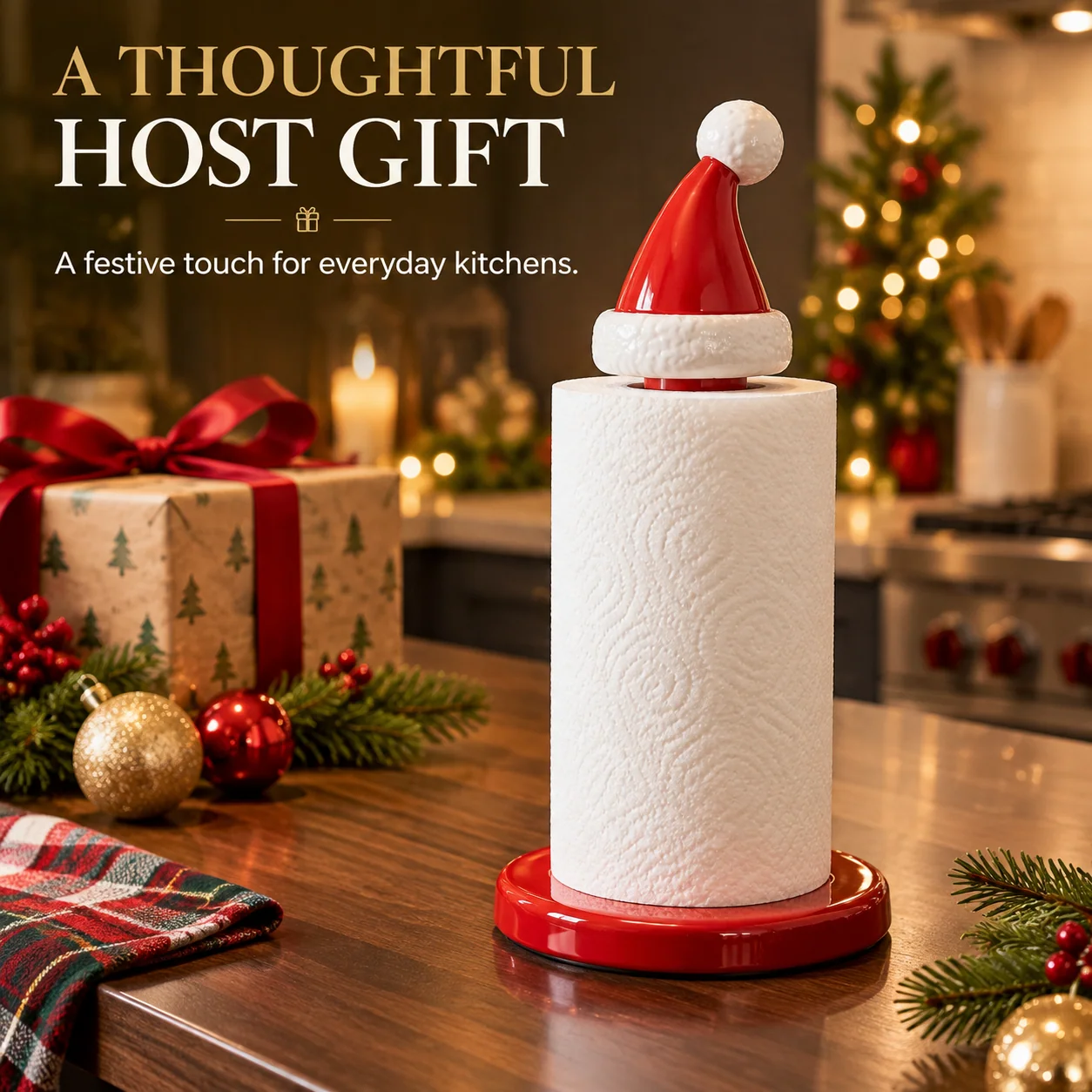 Santa hat paper towel holder styled with Christmas presents, greenery and warm festive lighting