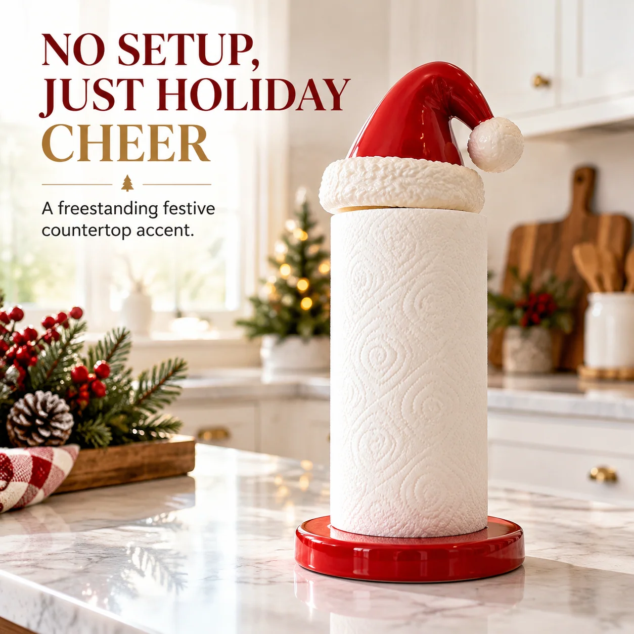 Freestanding Santa hat paper towel holder on a bright holiday kitchen countertop