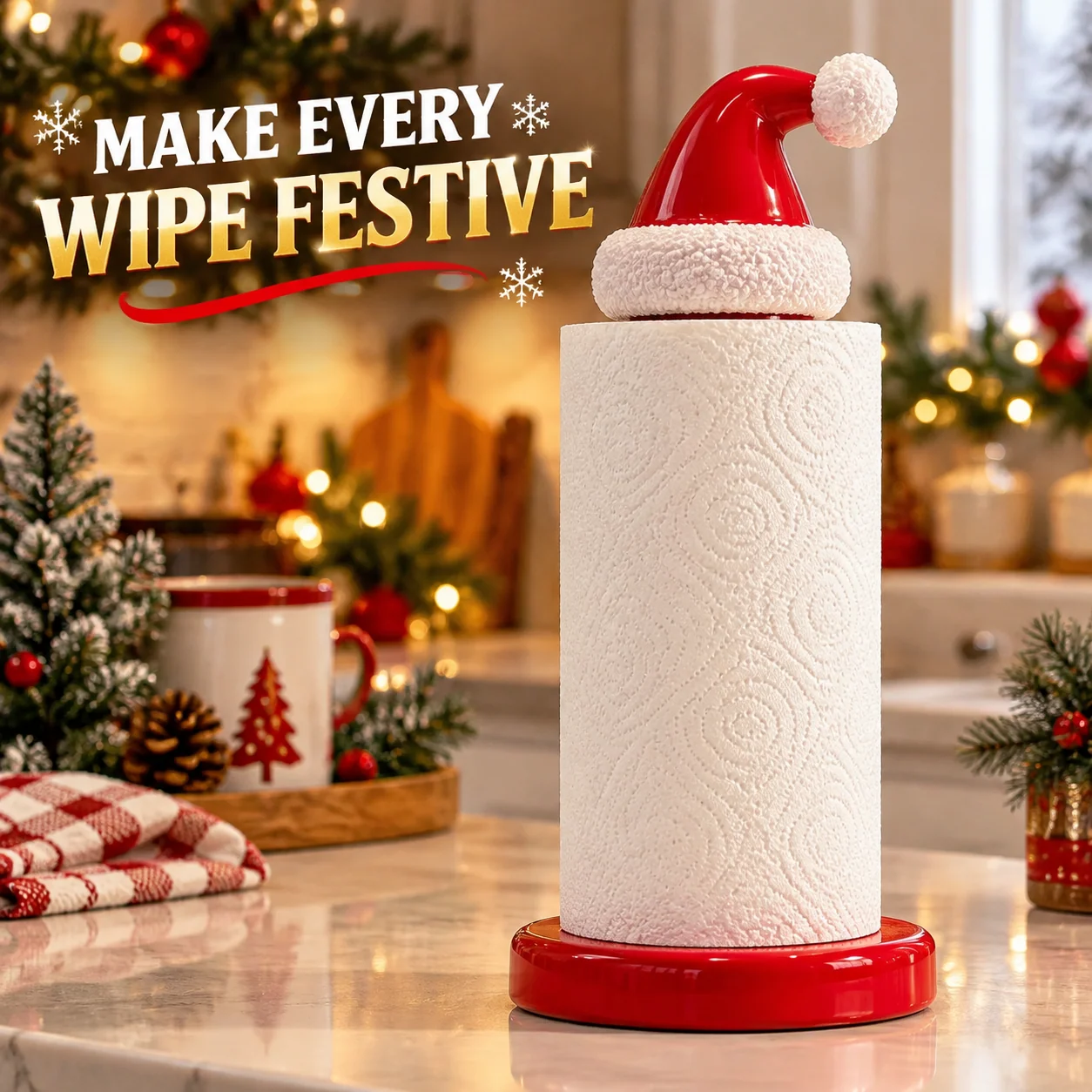 Santa hat Christmas paper towel holder on a festive kitchen countertop