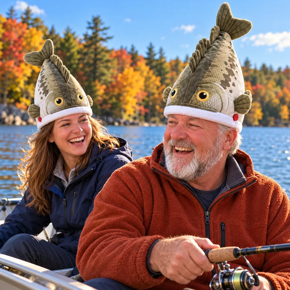 Two fishing fans wearing oversized plush bass hats while enjoying a day on the lake