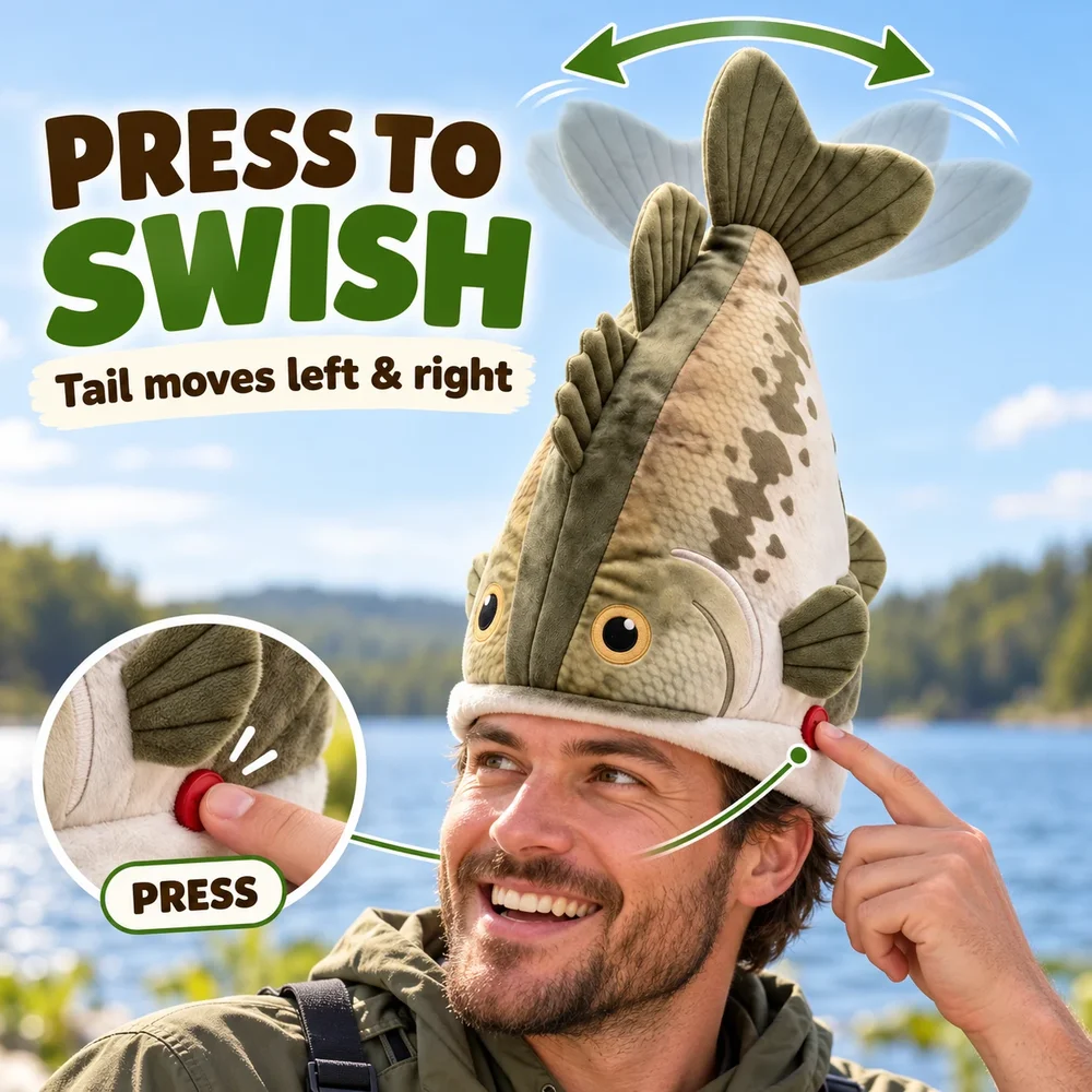 Red button on the plush fish hat band activates the tail to swish left and right