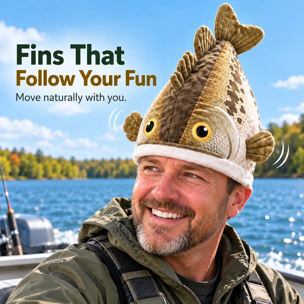 Angler wearing the plush bass hat with golden fish eyes, raised fins and a soft white hat band