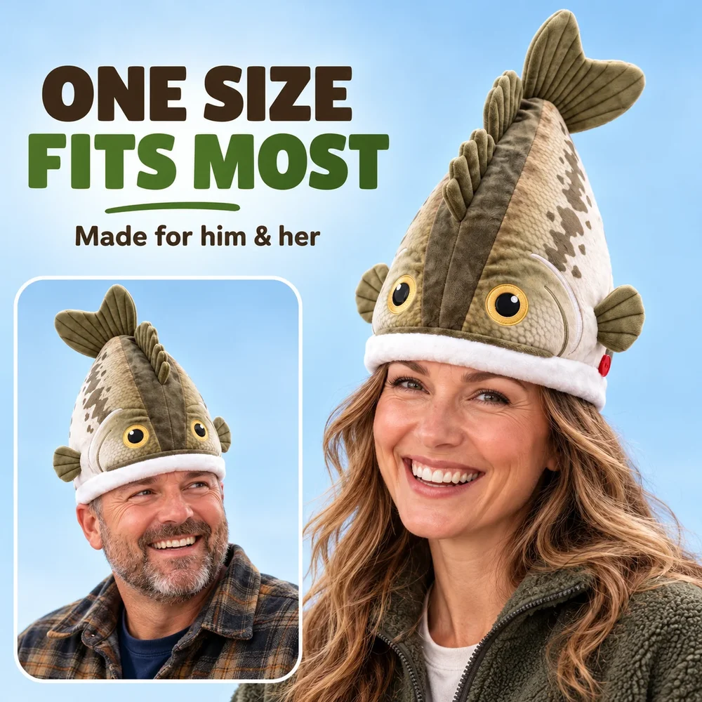 Man and woman wearing the unisex plush bass hat with one size designed to fit most adults