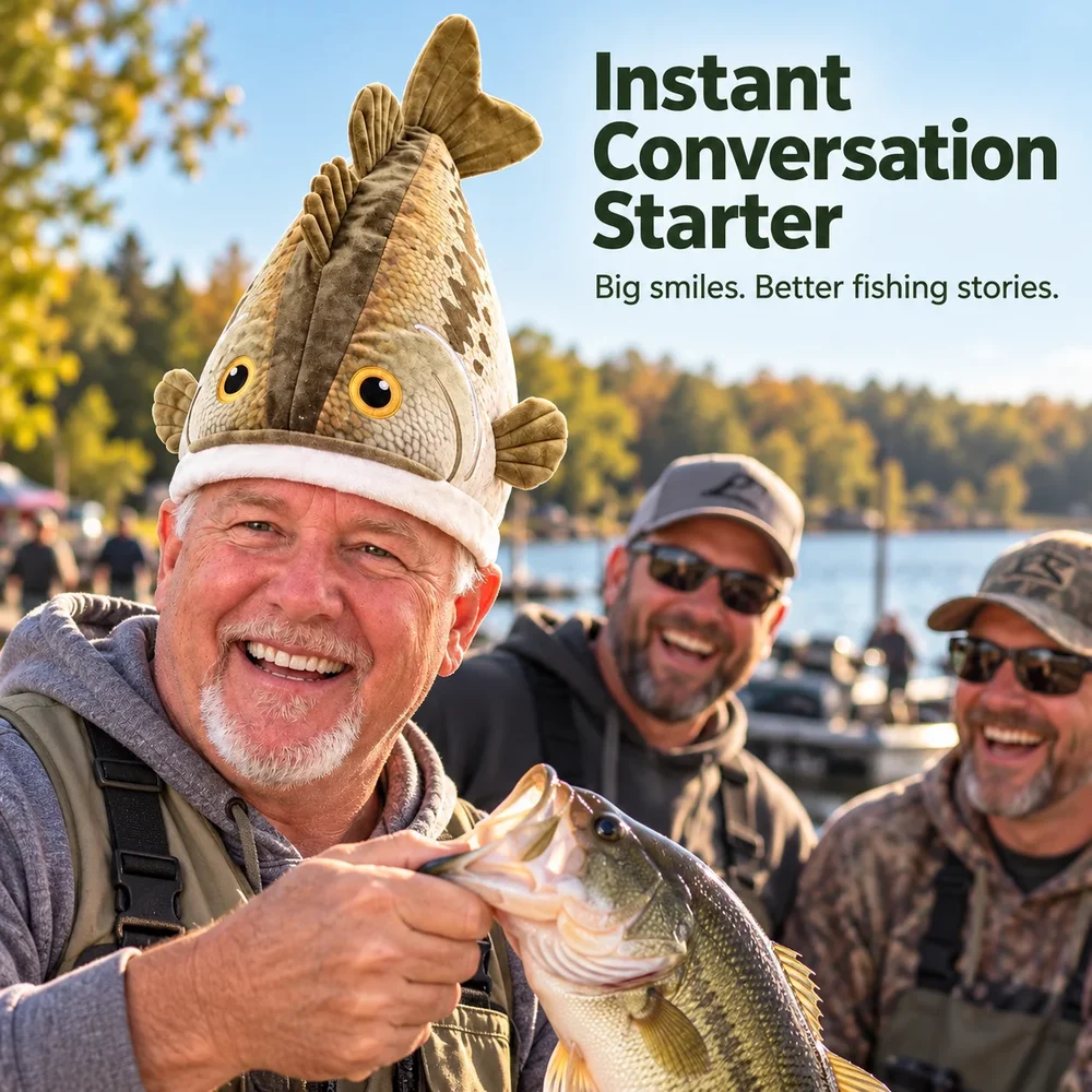 Fishing friends laughing together as one angler wears the oversized bass hat and holds a fish