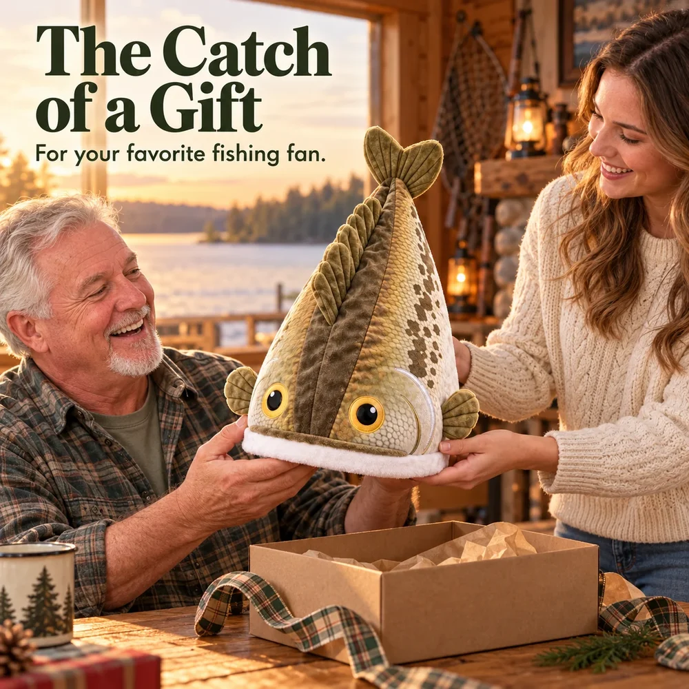 A fishing enthusiast receiving the plush bass hat as a gift beside an open gift box