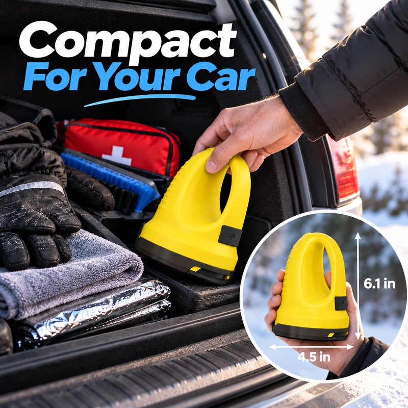 Compact electric ice scraper stored in winter car kit