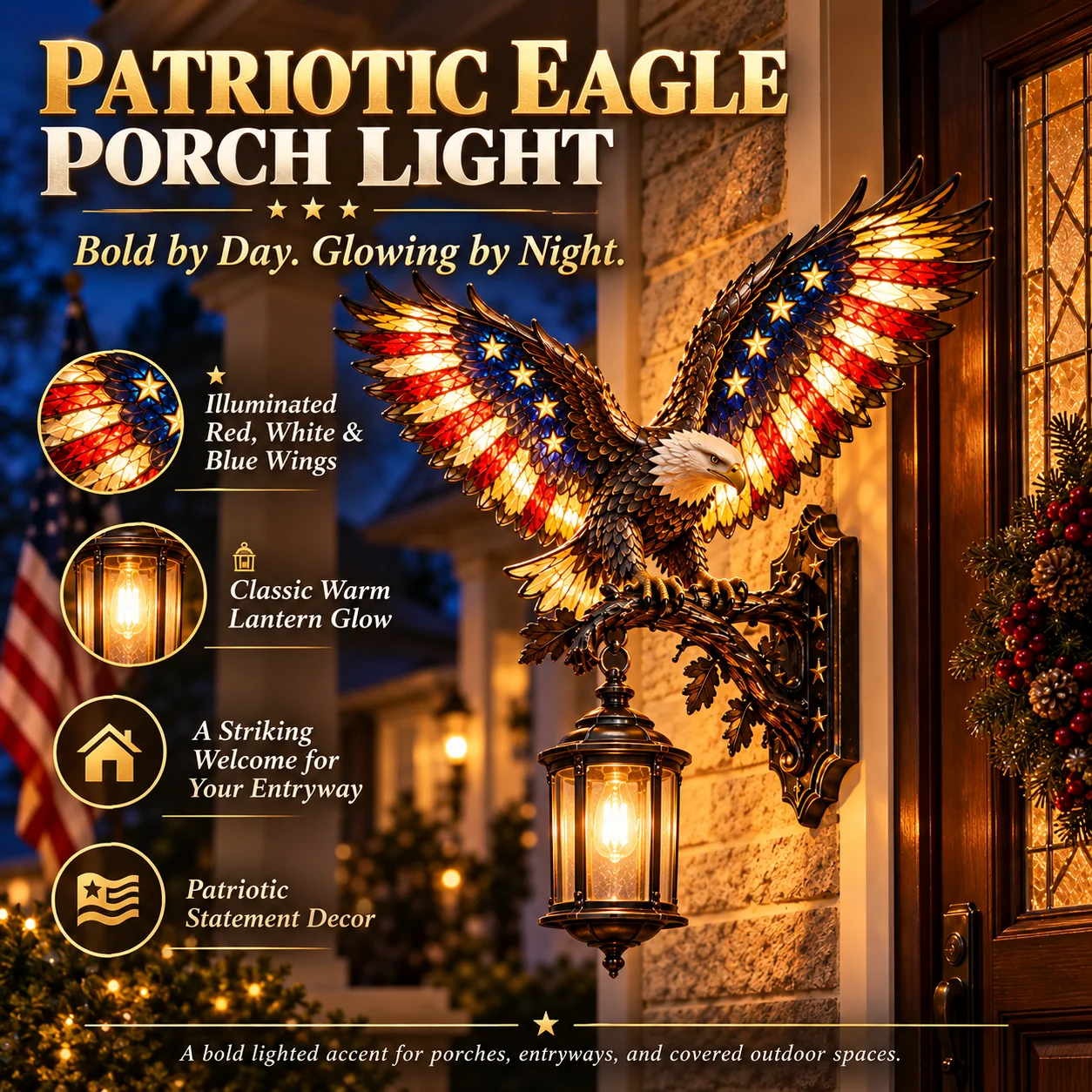 Product feature image showing illuminated patriotic wings and the warm hanging lantern