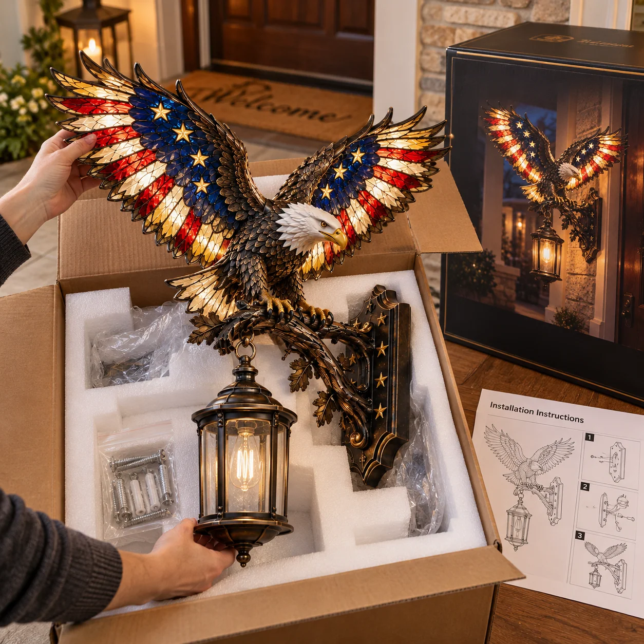 Hands lifting the eagle wall light from its protective packaging beside the product box