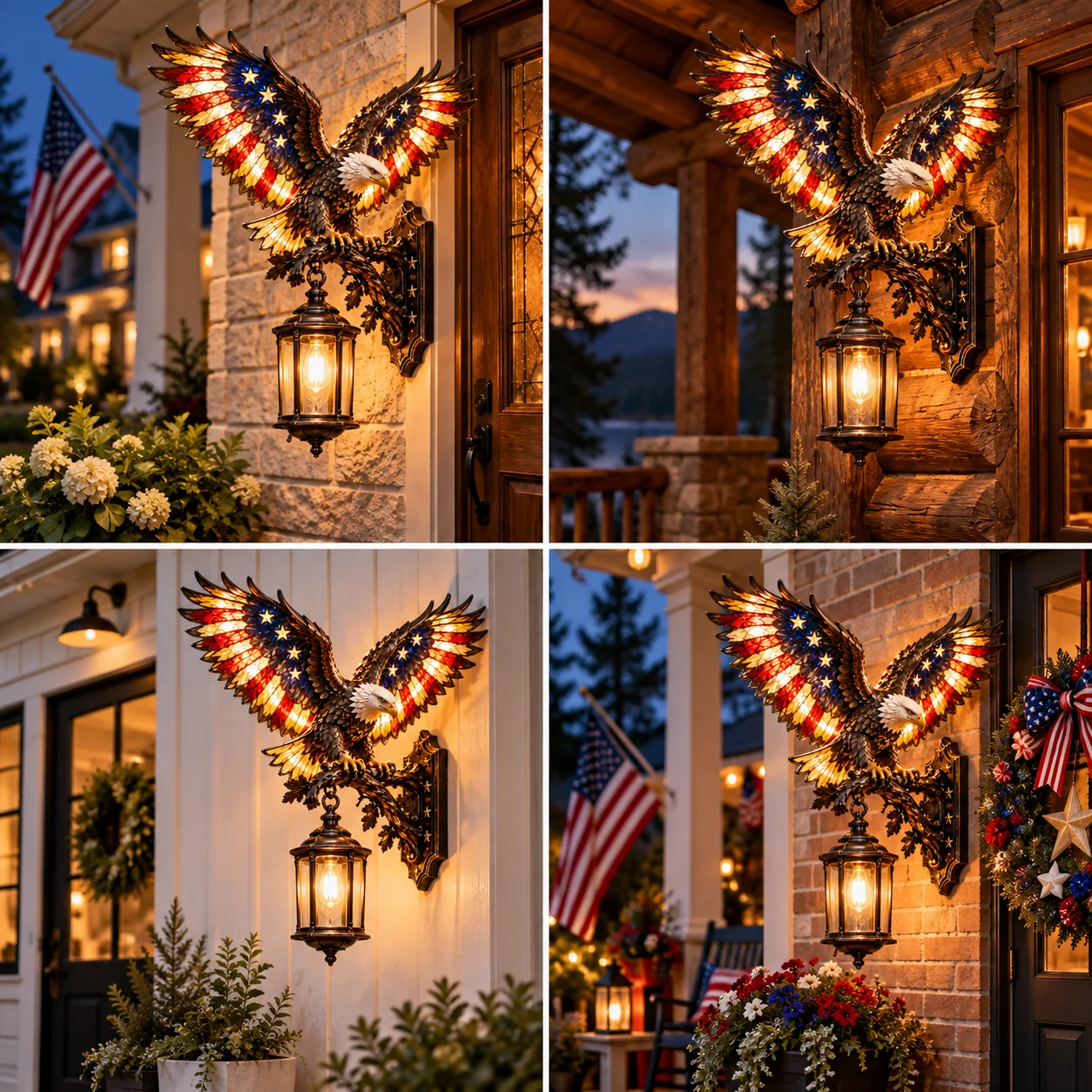 Four styling examples showing the eagle lantern beside different covered home entrances