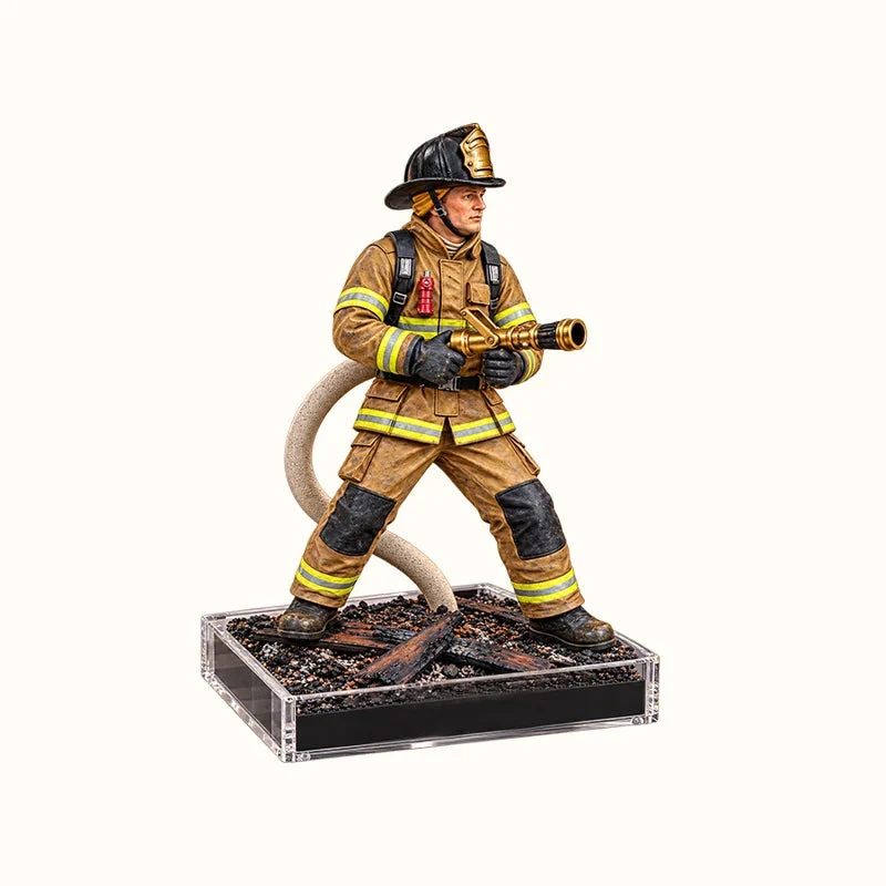 Clear product view showing the firefighter helmet, striped uniform, hose, boots and miniature display base