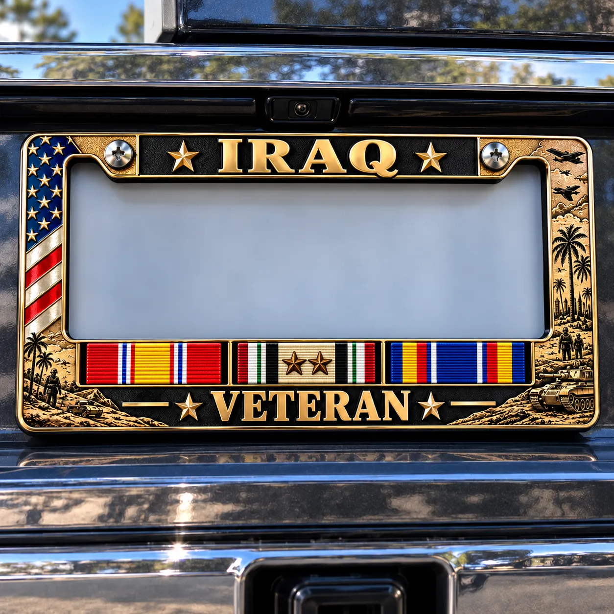 Front view of the gold and black Iraq War Veteran license plate frame