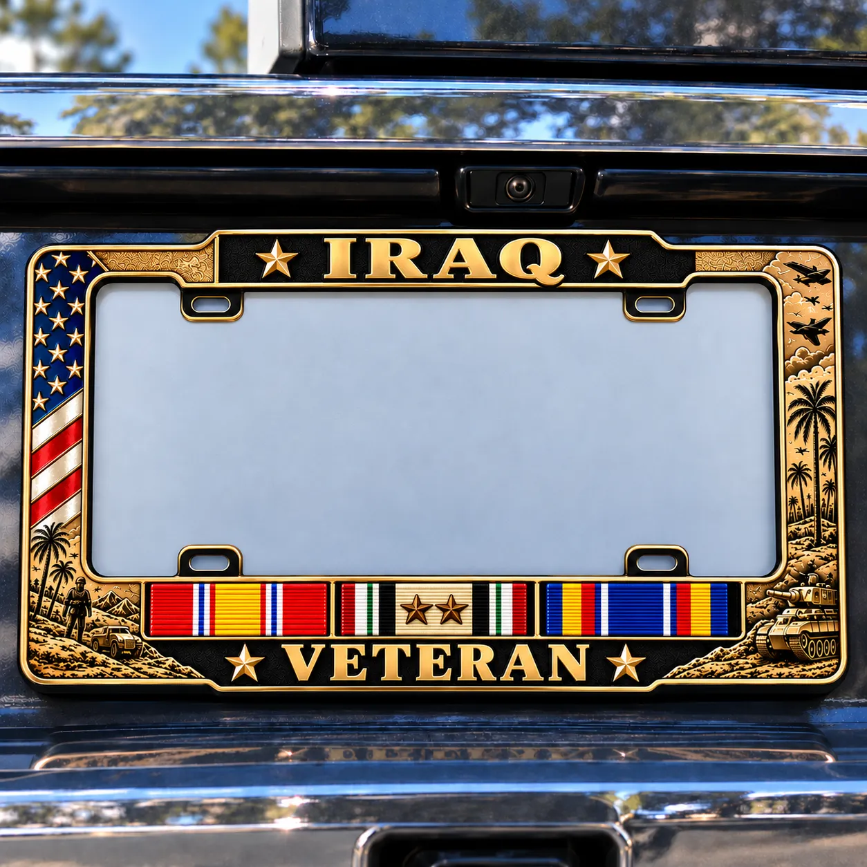 Iraq Veteran frame showing flag, ribbon accents, decorative details and mounting slots