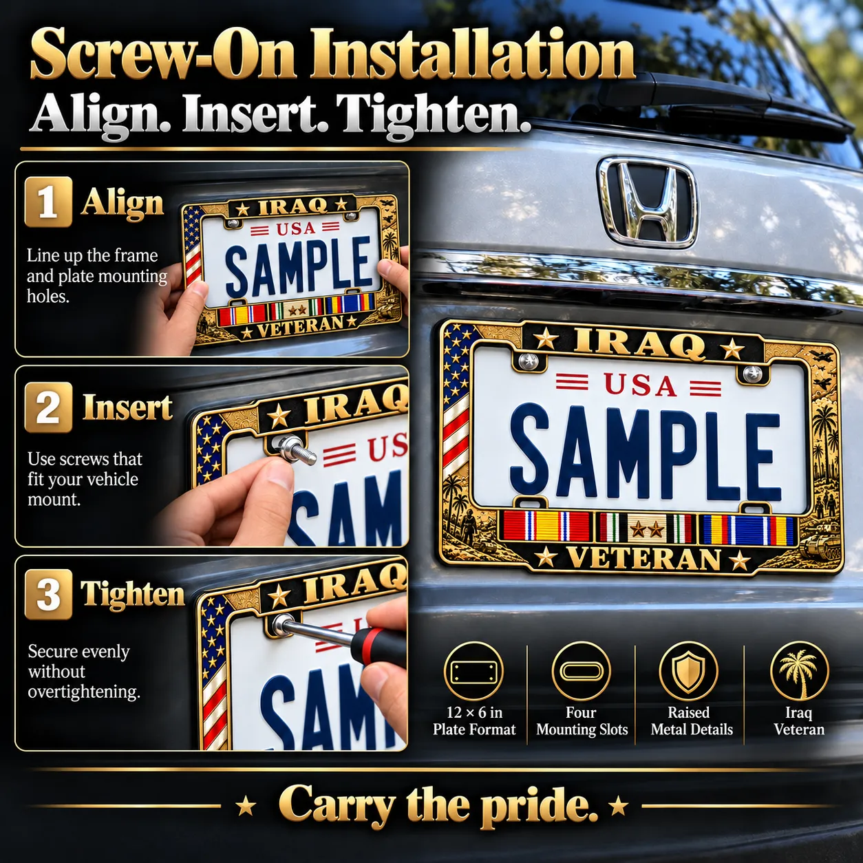 Screw-on installation guide: align the frame, insert compatible screws and tighten evenly