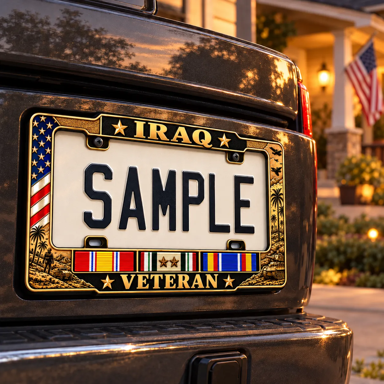 Iraq War Veteran license plate frame displayed on a vehicle at sunset