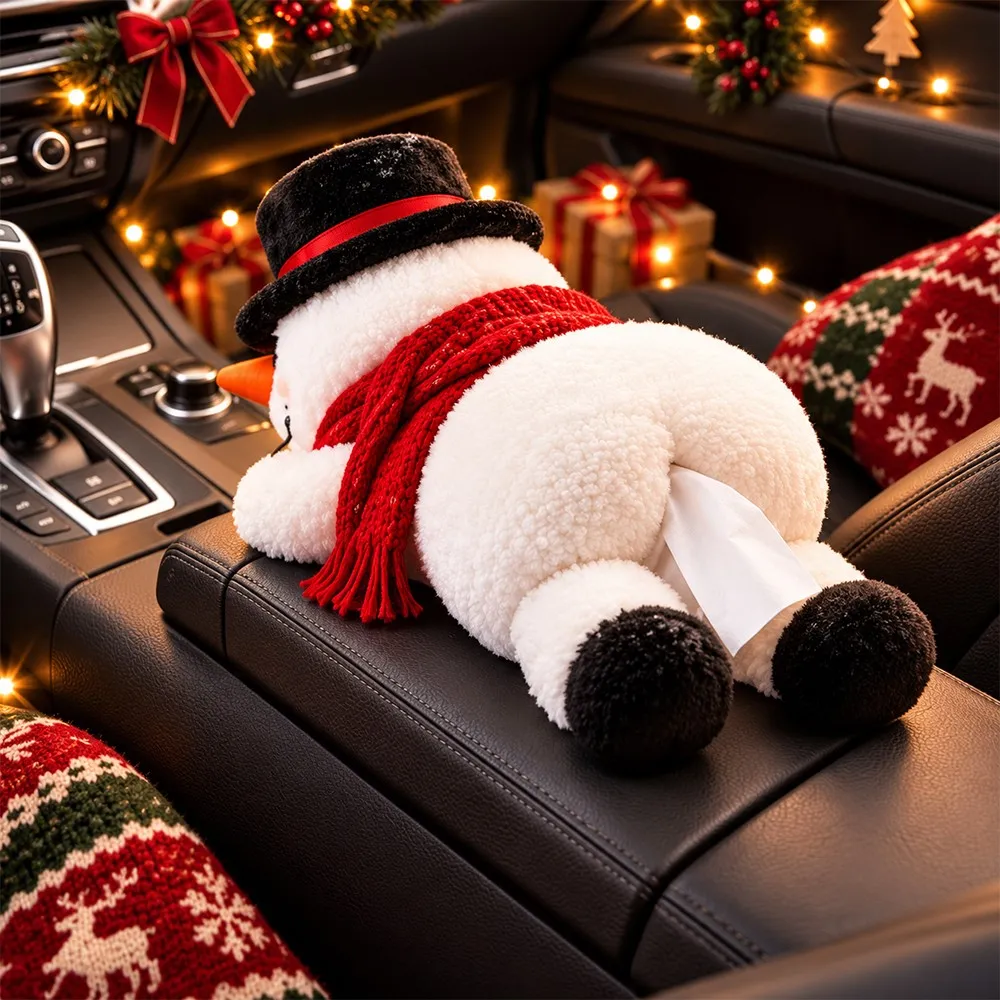 Funny Christmas snowman tissue holder displayed in a festive car interior
