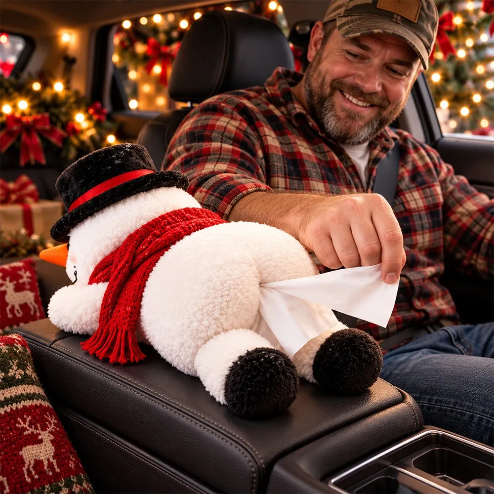 Snowman plush tissue holder in a Christmas decorated car