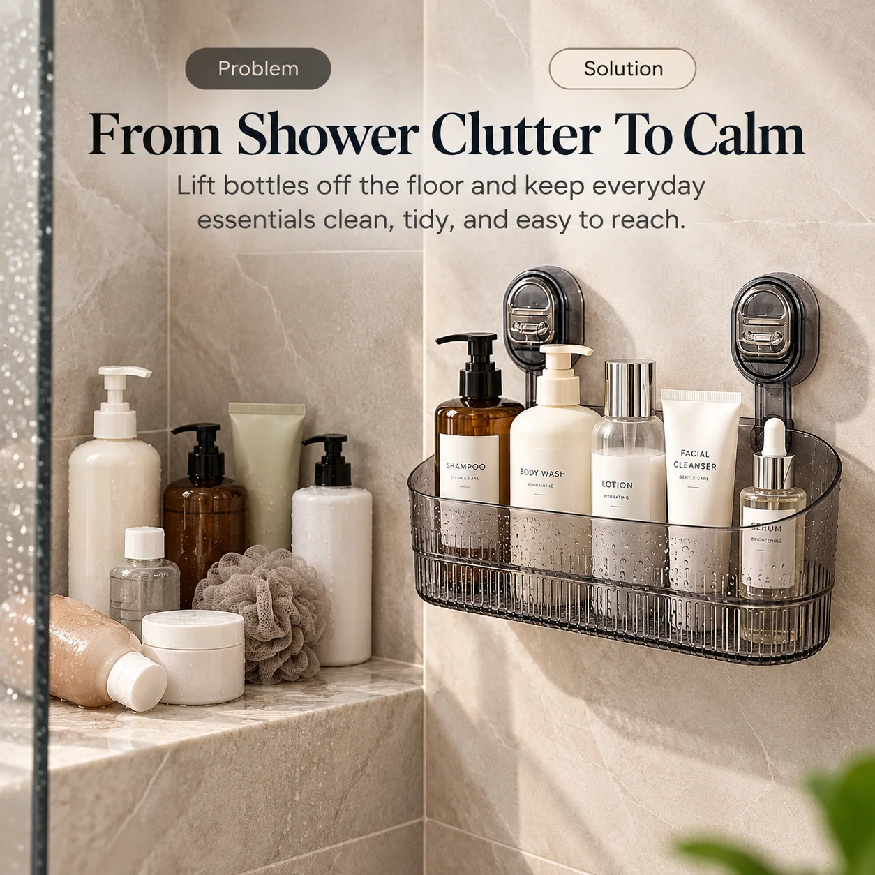 Before and after style presentation showing scattered shower bottles beside a neatly organized wall-mounted suction basket