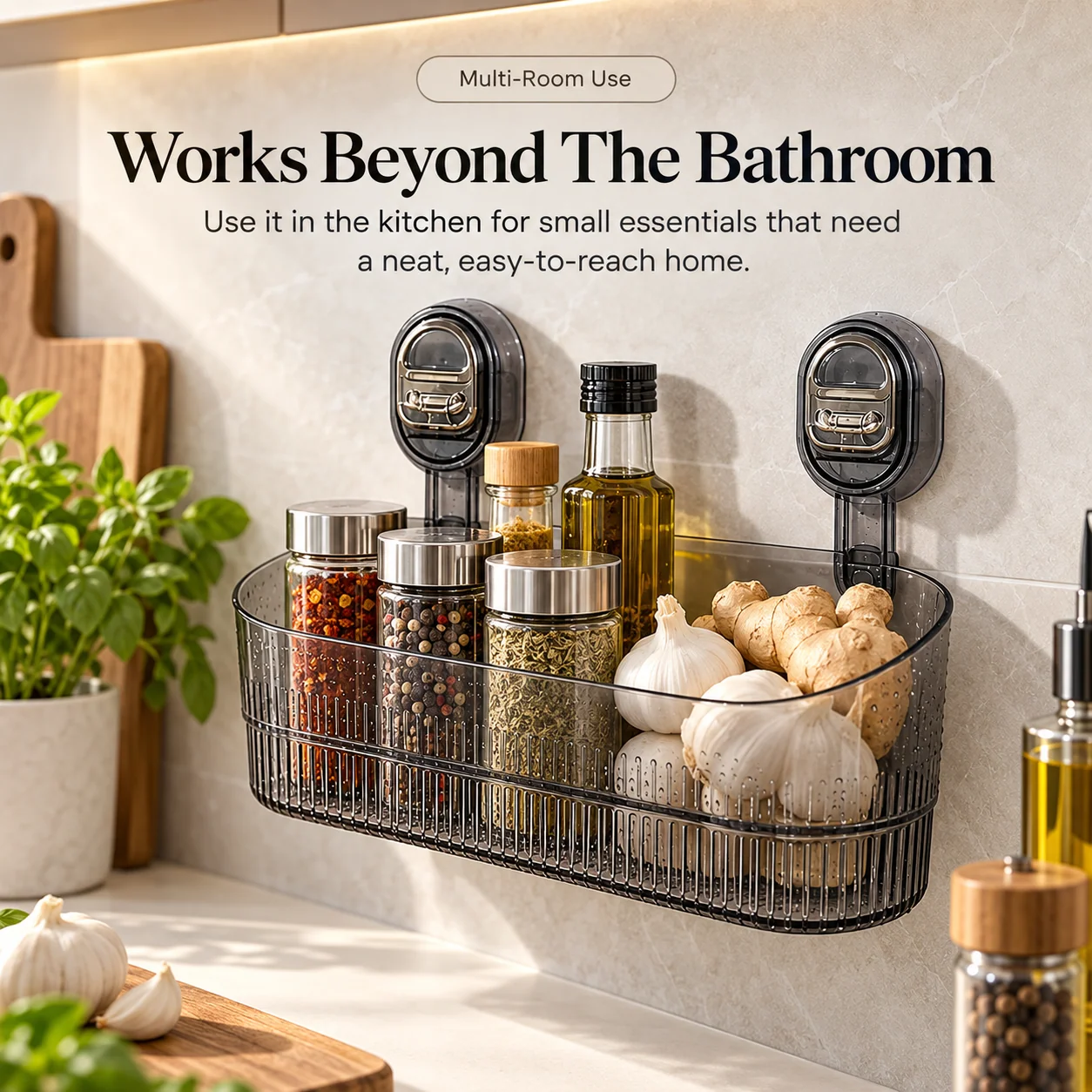 Wall-mounted dark translucent organizer basket holding spice jars, oil bottle, garlic and ginger in a bright kitchen