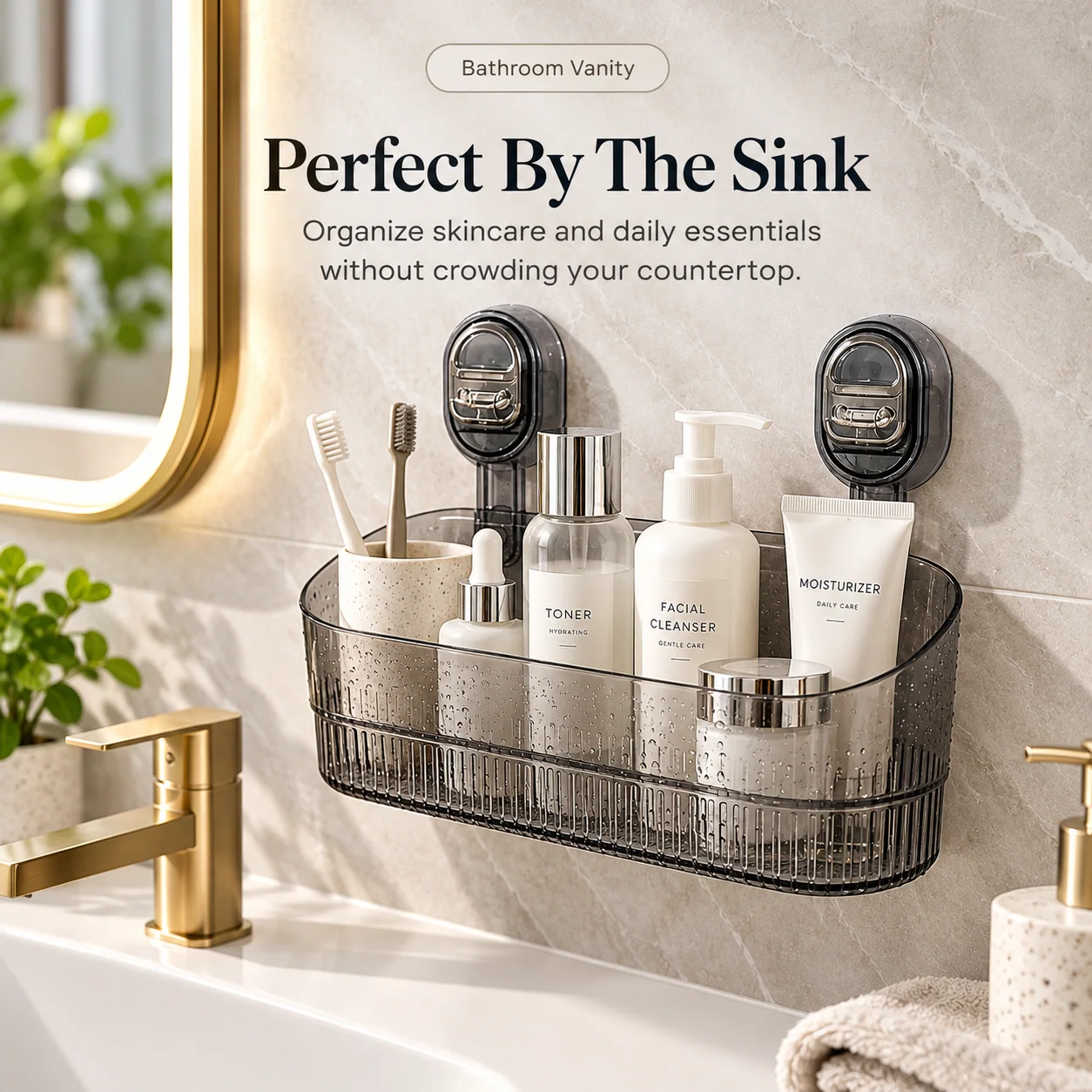 Dark translucent suction cup organizer mounted beside a bathroom vanity holding toothbrushes, toner, cleanser and moisturizer