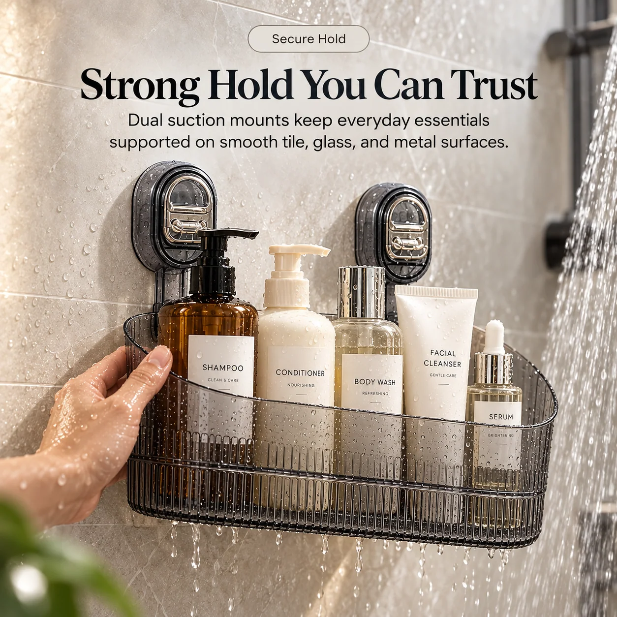 Two suction mounts securing a dark translucent bathroom storage basket filled with shower and skincare bottles