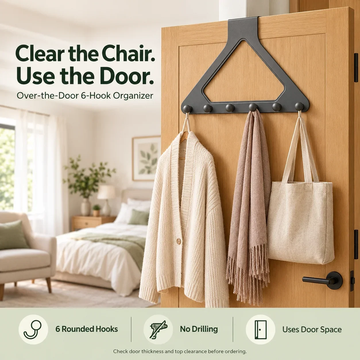 Over-the-door six-hook organizer holding clothes, a scarf and a bag