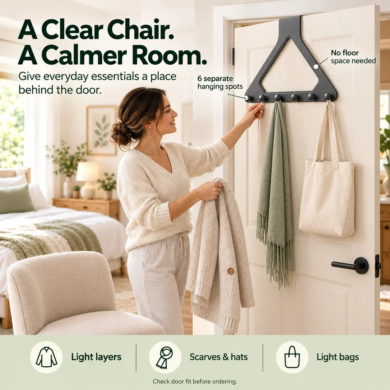 Six-hook organizer keeping everyday clothes and accessories tidy