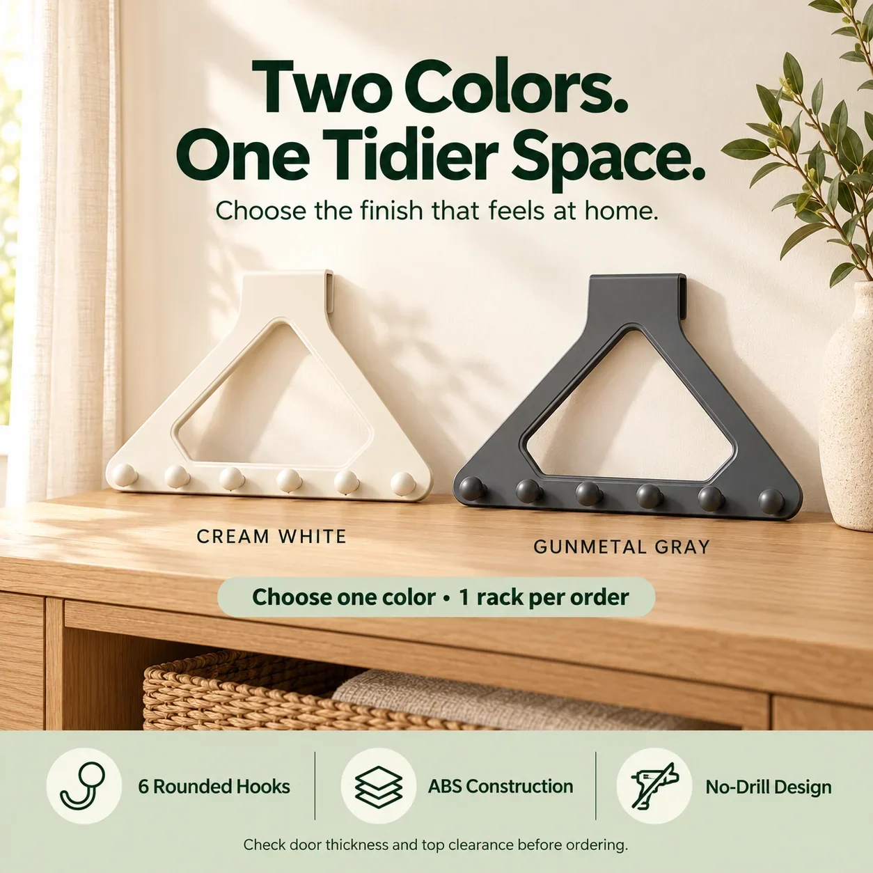 Six-hook over-the-door organizer available in cream white and gunmetal gray