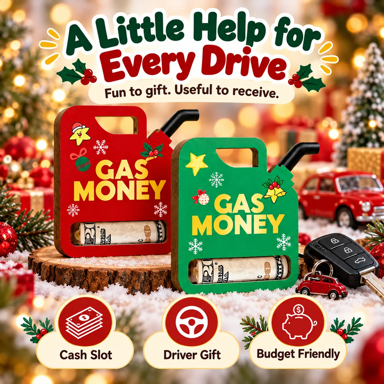 Red and green gas money holders styled with car keys and holiday decorations