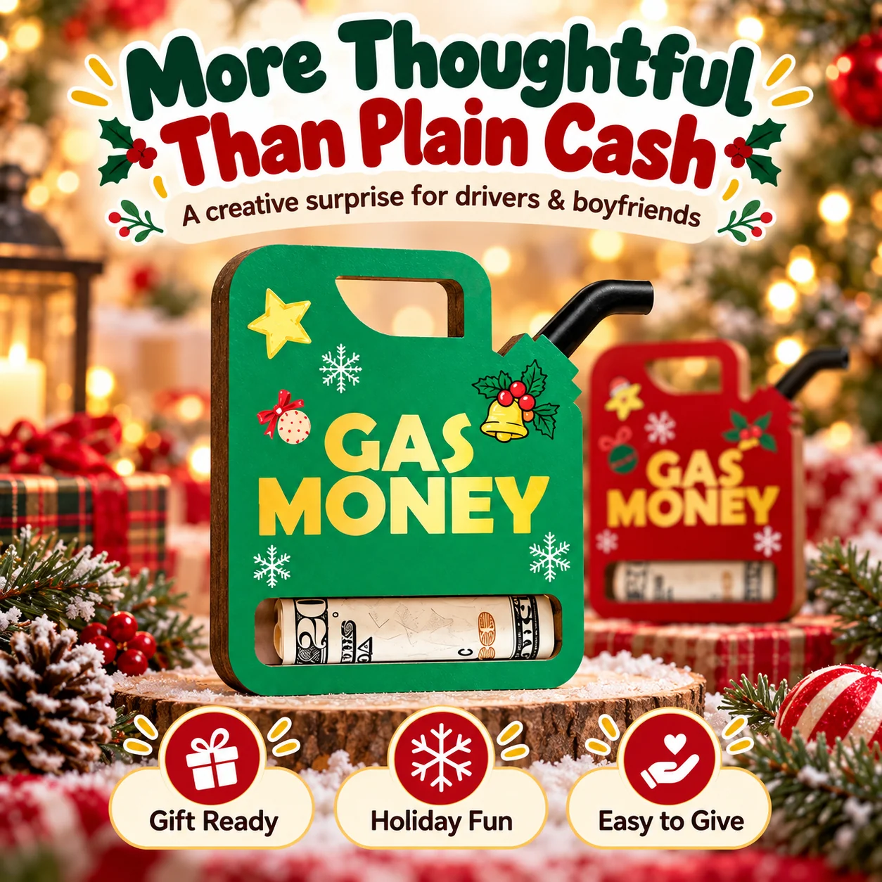 Festive wooden gas money holder presenting a creative cash gift