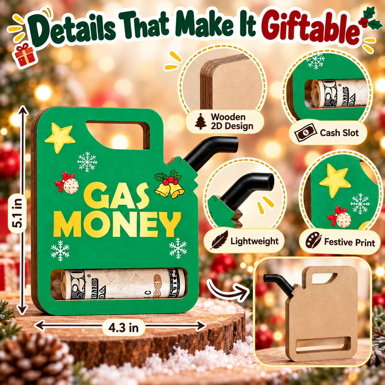 Close-up of the wooden gas money holder design, cash opening, and flat construction