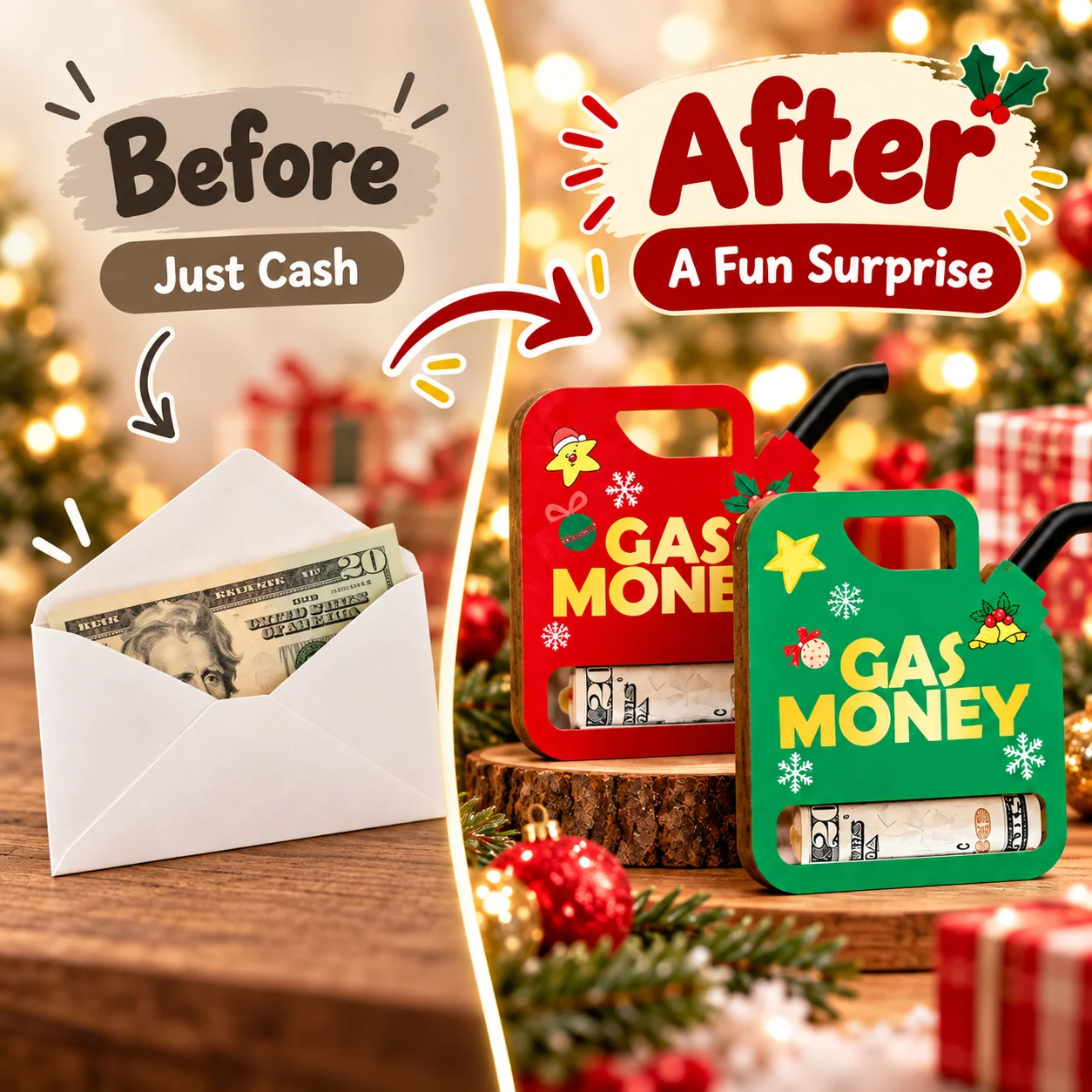 Comparison of a plain cash envelope and a creative gas money wooden gift holder