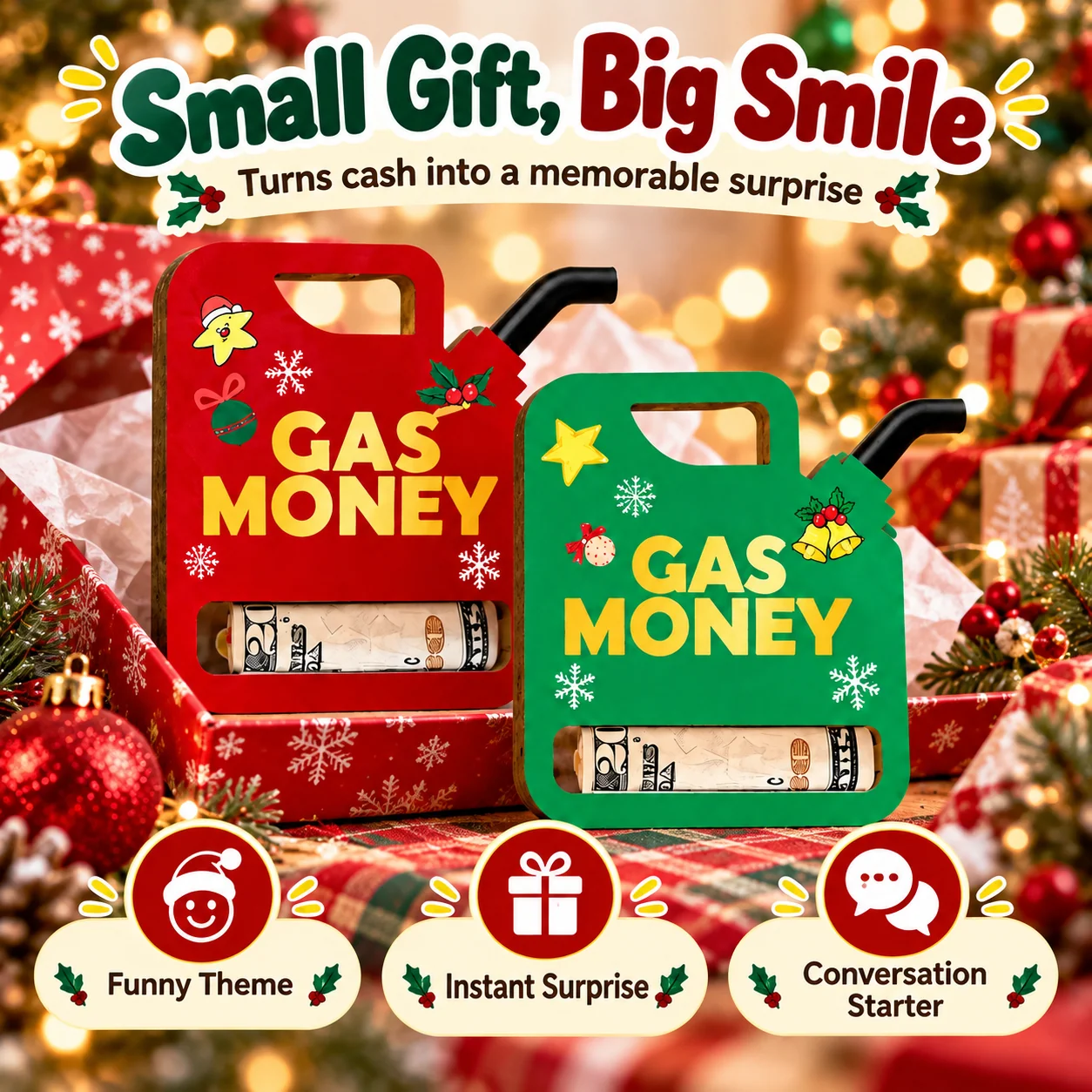 Gas money wooden cash holders with Christmas decorations and wrapped presents