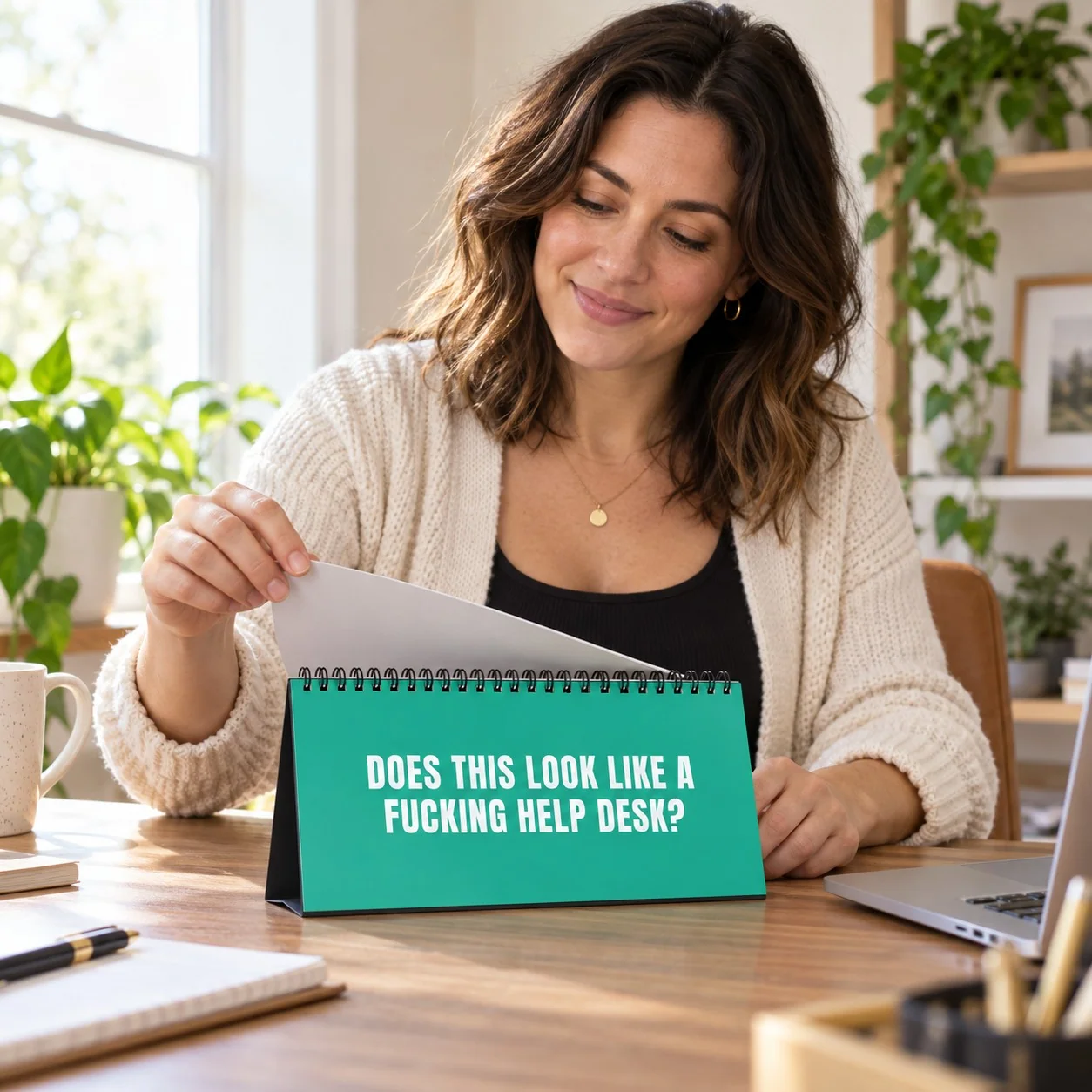 A woman flipping a page over the desk sign's black top wire binding