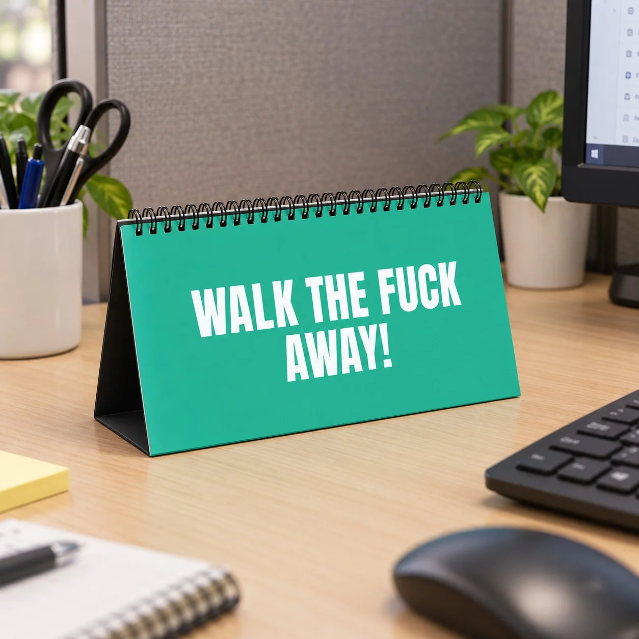 The desk flip sign standing upright on its black triangular tent base