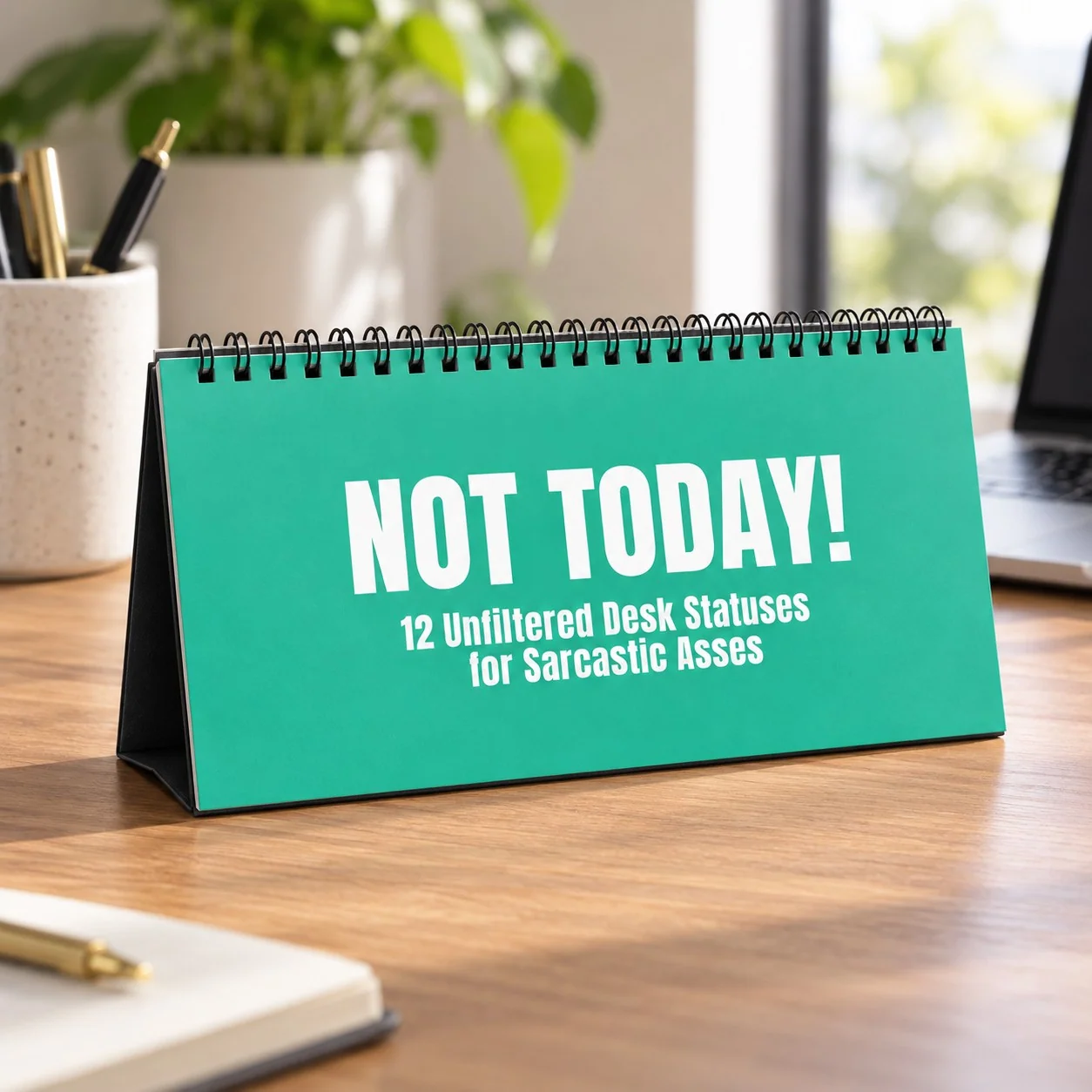 Turquoise Not Today! desk flip sign with its 12 Unfiltered Desk Statuses cover