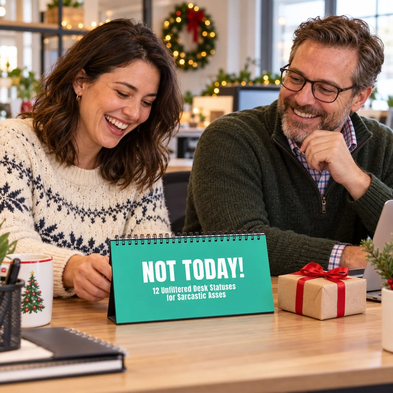 Coworkers sharing a laugh over the Not Today! desk flip sign as a gift
