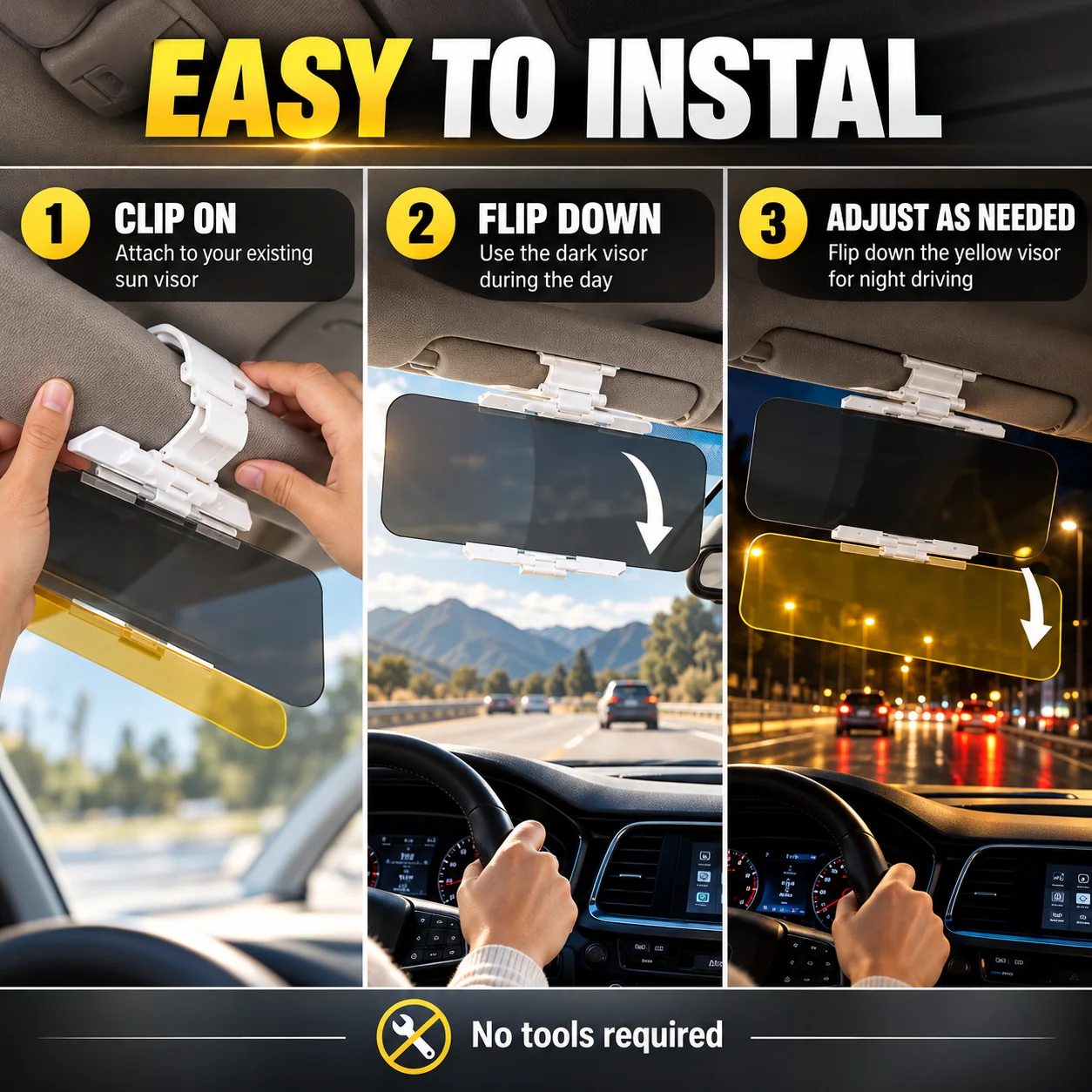 Clip-on car visor installation