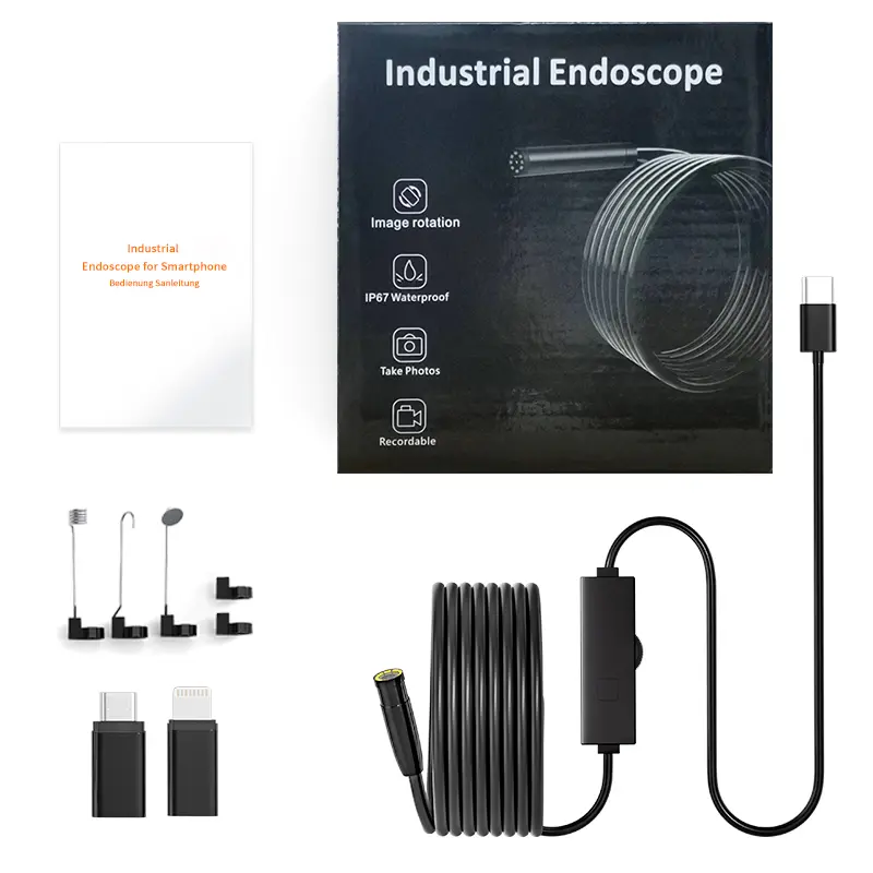 Endoscope camera kit with coiled cable, USB adapters, accessory attachments and user manual